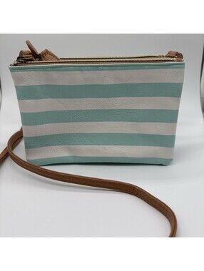 Unbranded Accordion Striped Crossbody Bag with Brown Faux Leather Strap